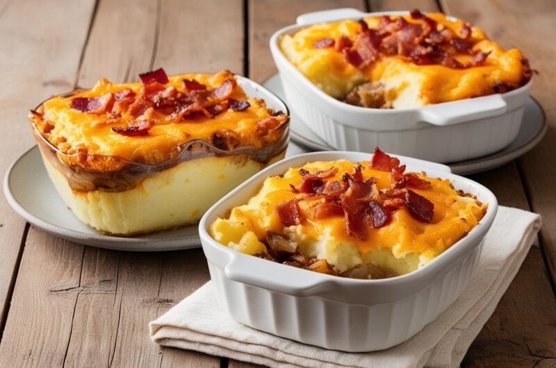 Zapiekanka na spodzie ziemniaczanym z cebulą i boczkiem