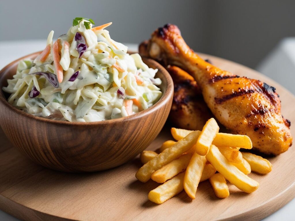 Coleslaw w misce obok grillowanych palek z kurczaka i frytek ujecie pod katem lekko rozmyte tlo. 1 Surówka colesław