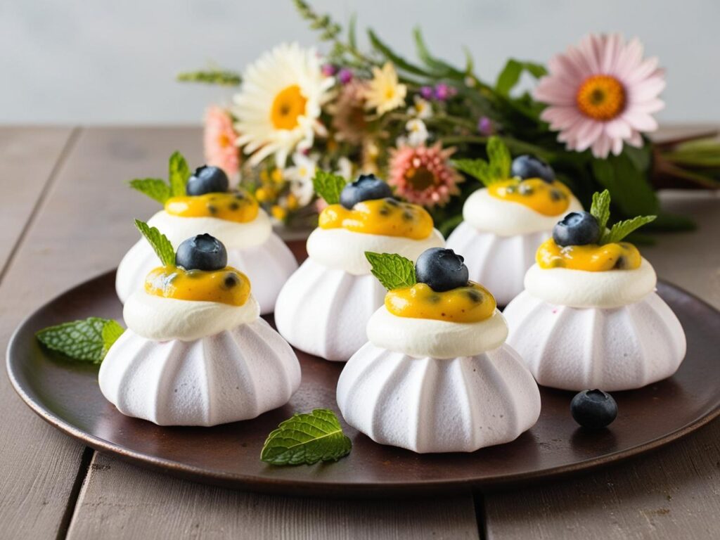 Delikatne bezy z lekkim musem z marakui i bita smietana udekorowane swiezymi owocami i listkami miety na rustykalnym drewnianym stole w tle rozmyte kwiaty. 1 Mini bezy pavlova
