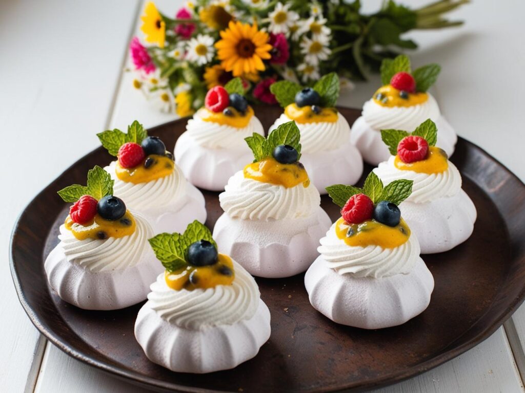 Delikatne bezy z lekkim musem z marakui i bita smietana udekorowane swiezymi owocami i listkami miety na rustykalnym drewnianym stole w tle rozmyte kwiaty. Mini bezy pavlova