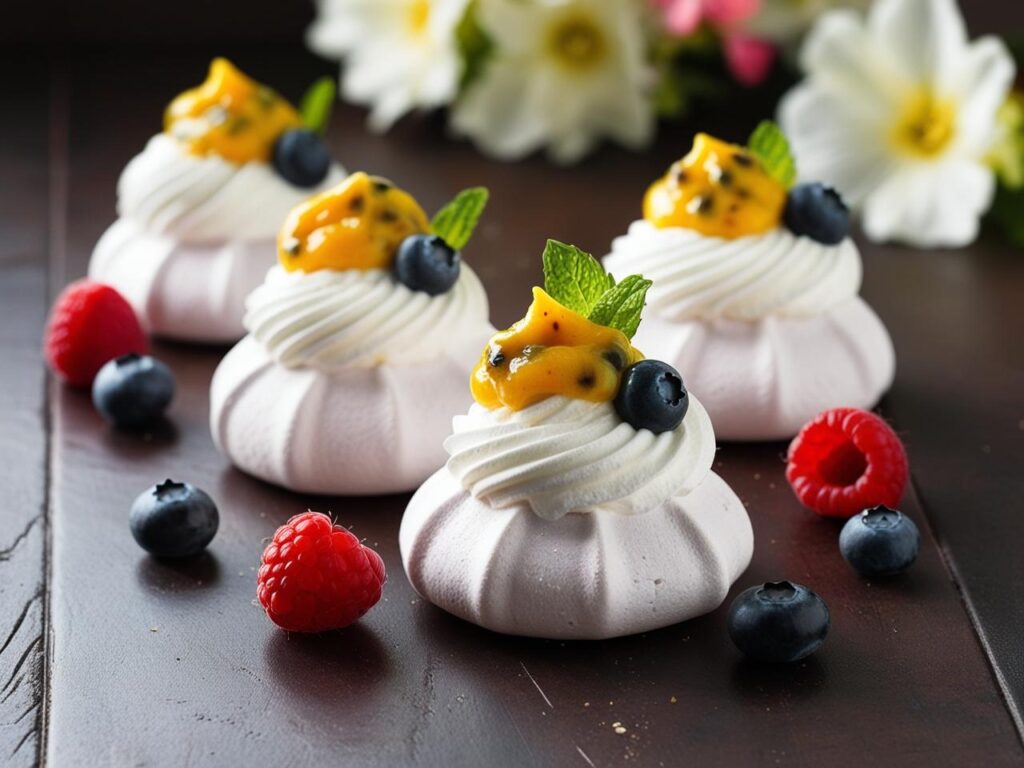 Delikatne bezy z lekkim musem z marakui i bita smietana udekorowane swiezymi owocami i listkami miety na rustykalnym drewnianym stole w tle rozmyte kwiaty. 2 Mini bezy pavlova