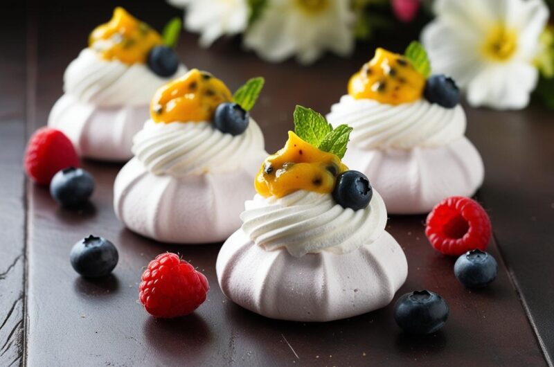 Mini bezy pavlova z musem z marakui i bitą śmietaną