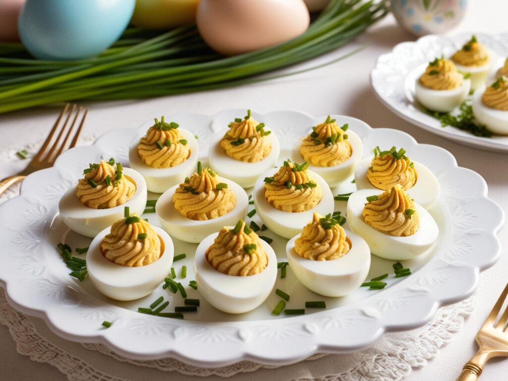 Elegancko podane jajka faszerowane musem chrzanowym na ozdobnym polmisku udekorowane szczypiorkiem i odrobina chrzanu na wielkanocnym stole. Jajka sa przekrojone na pol 1 1 Jajka faszerowane musem chrzanowym