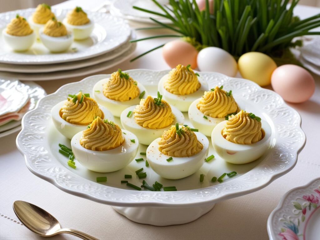 Elegancko podane jajka faszerowane musem chrzanowym na ozdobnym polmisku udekorowane szczypiorkiem i odrobina chrzanu na wielkanocnym stole. Jajka sa przekrojone na pol Jajka faszerowane musem chrzanowym