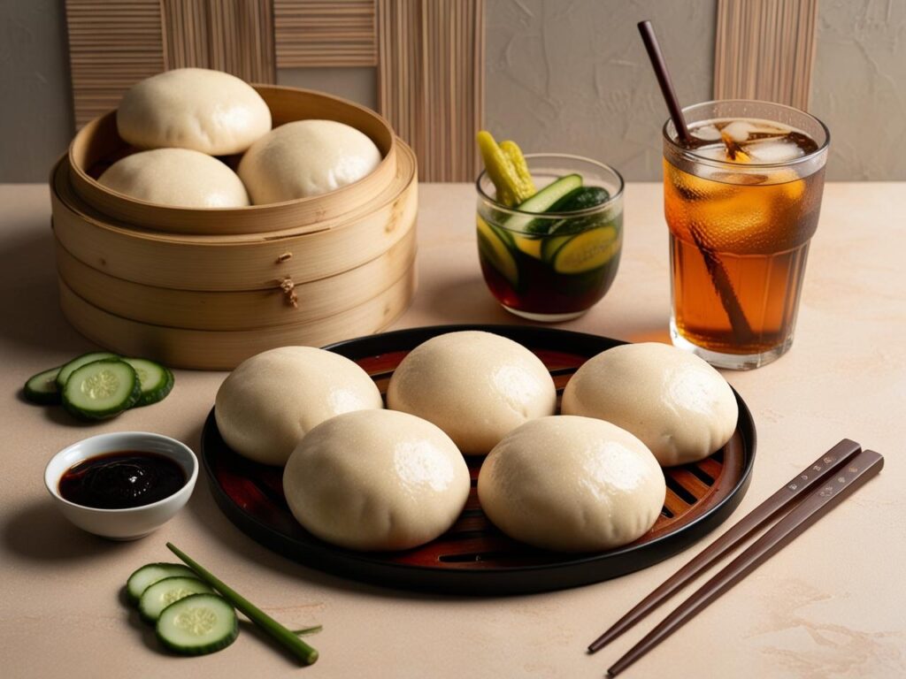 Flat lay of multiple bao buns on a bamboo steamer with a side of dipping sauce pickled cucumbers and a glass of iced tea. Asian inspired backdrop with chopsticks. Bao Buns z Pulled Pork i Piklami