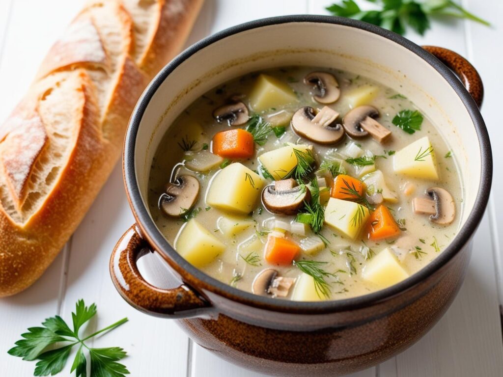 Garnka pelnego zupy pieczarkowej z widocznymi z malymi kawalkami pieczarek ziemniakowmarchewkipietruszkicebuli posypana koprekiem podanego na stole w towarzystwie swiezego chleba 3 zupa pieczarkowa