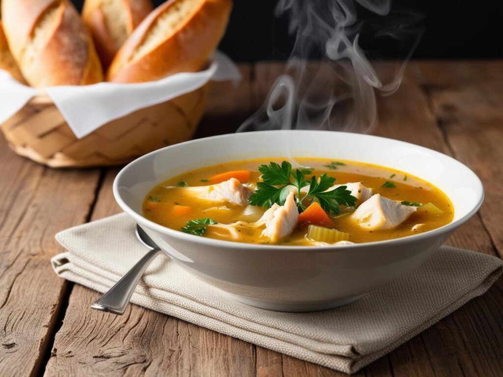 Parujaca miska zupy rybnej na drewnianym stole udekorowana natka pietruszki w tle chrupiace pieczywo. 1 zupa rybna