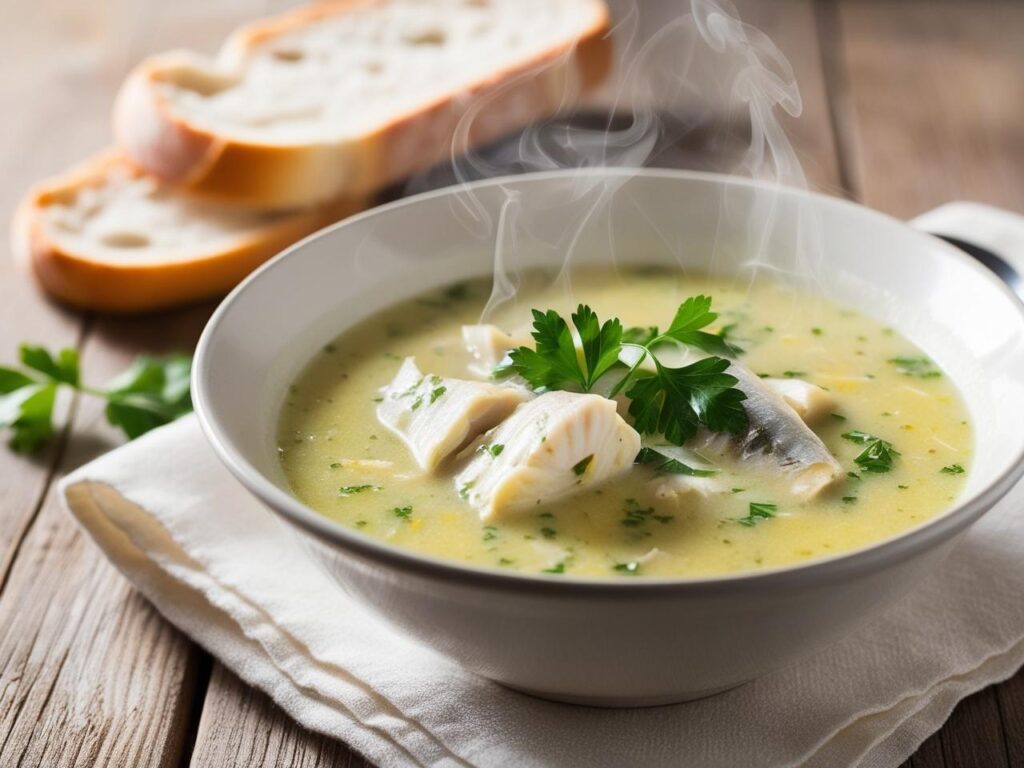Parujaca miska zupy rybnej zabielonej smietana z zoltymi bulionowymi oczkami na drewnianym stole udekorowana natka pietruszki w tle chrupiace pieczywo. 1 1 zupa rybna