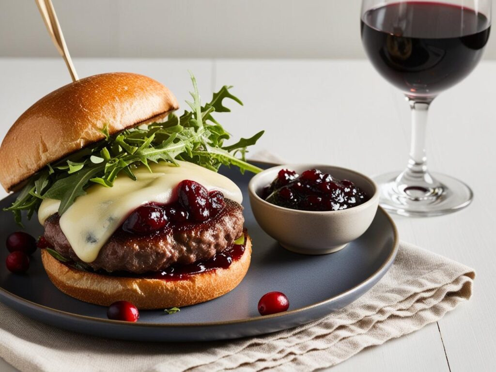 Rustykalne ujecie – burger wolowy z rukola przytopionym serem cammembert oraz zurawina na talerzu obok miseczka z dodatkowa konfitura zurawinowa i kieliszek czerwonego wina Burger wołowy z cammembertem i żurawiną