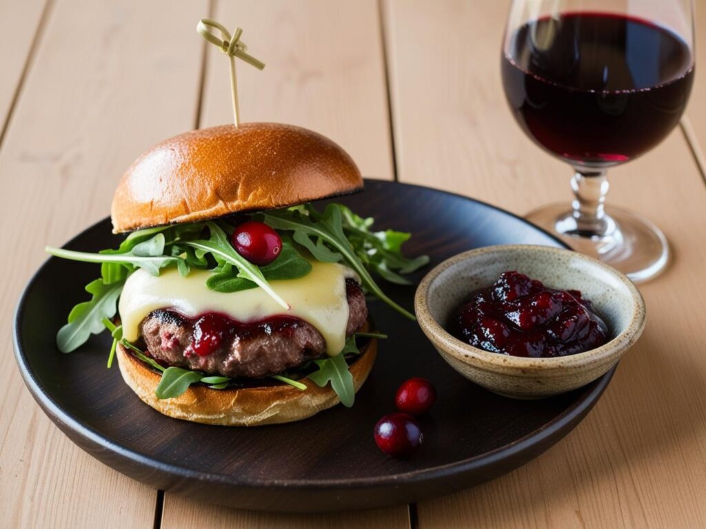 Rustykalne ujecie – burger wolowy z rukola przytopionym serem cammembert oraz zurawina na talerzu obok miseczka z dodatkowa konfitura zurawinowa i kieliszek czerwonego wina. 1 Burger wołowy z cammembertem i żurawiną