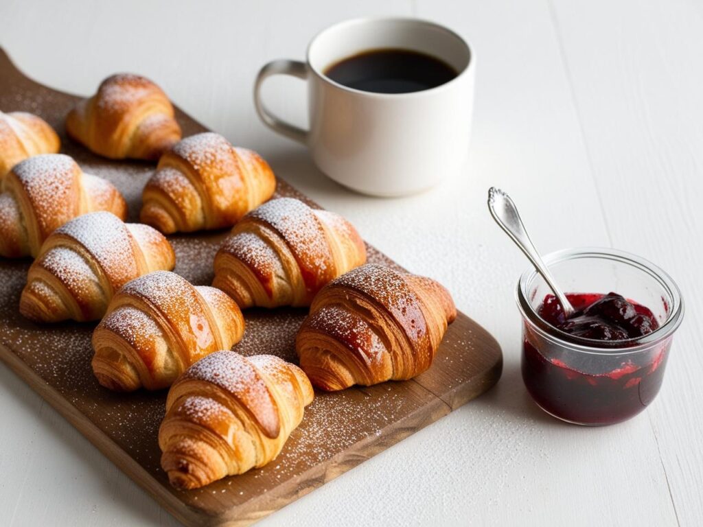 Swiezoupieczone male rogaliki drozdzowe na drewnianej desce posypane cukrem pudrem obok filizanka kawy i sloiczek konfitury rogaliki z nadzieniem różanym
