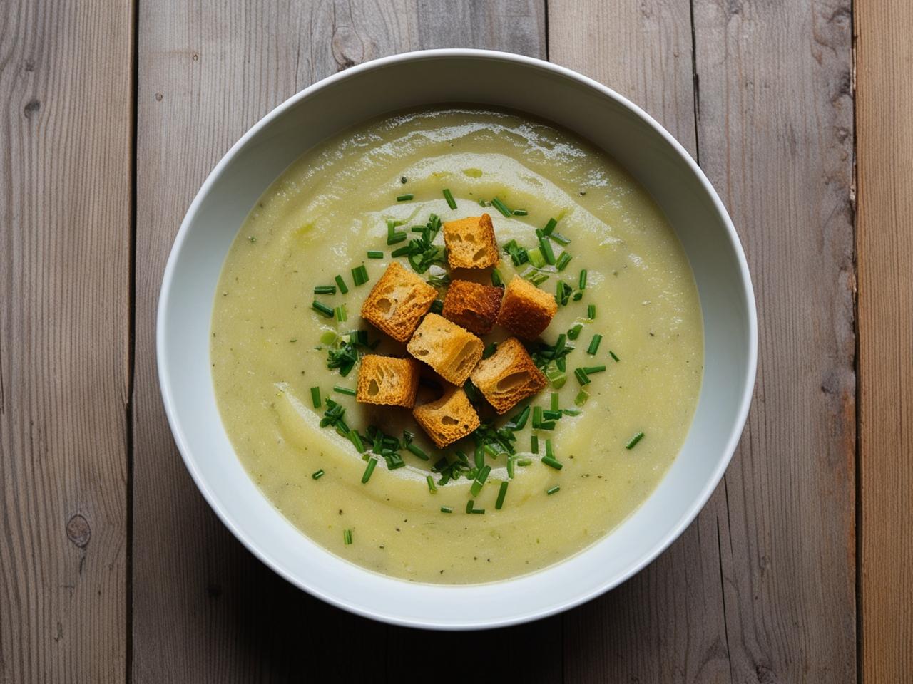 Ujecie z gory Miseczka z zupa krem z pora i ziemniakow udekorowana szczypiorkiem i chrupiacymi grzankami na drewnianym tle