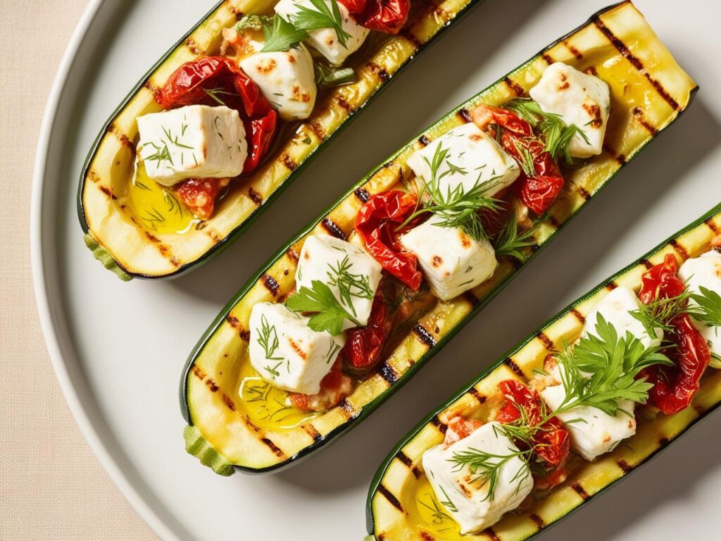 Zblizenie na grillowana cukinie lekko przypieczona wypelniona kremowym farszem z fety i suszonych pomidorow posypana swiezymi ziolami i skropiona oliwa. 3 Grillowana cukinia faszerowana fetą i pomidorami