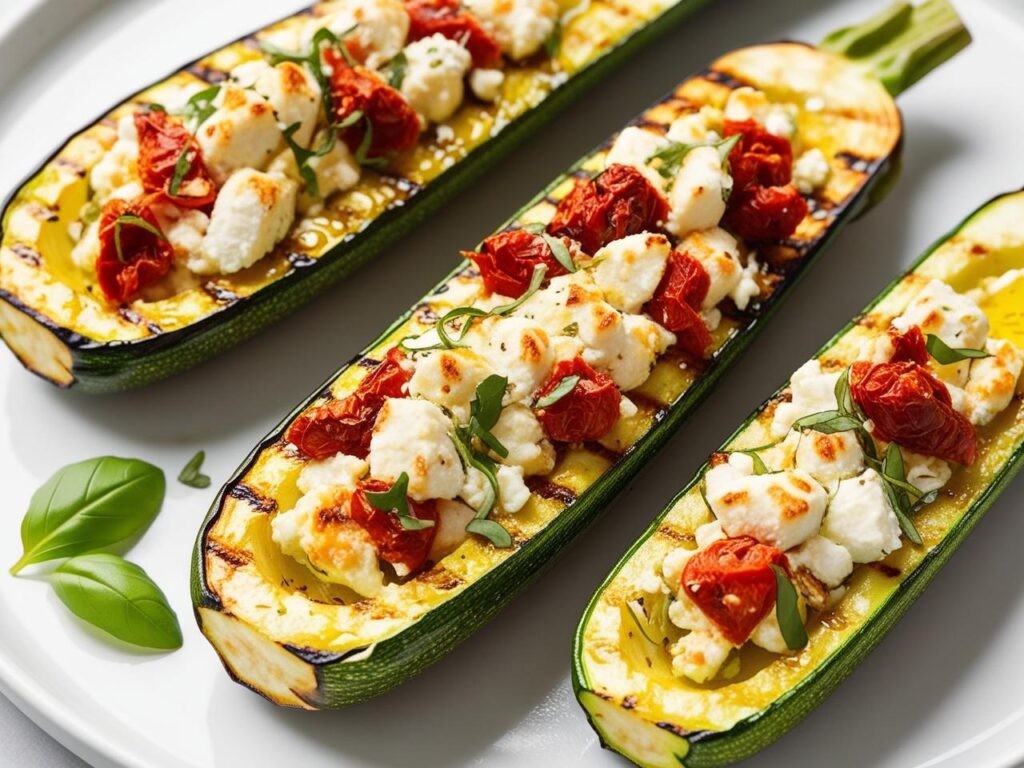 Zblizenie na grillowana cukinie lekko przypieczona wypelniona kremowym farszem z fety i suszonych pomidorow posypana swiezymi ziolami i skropiona oliwa. Farsz rowniez jest przypieczony 1 Grillowana cukinia faszerowana fetą i pomidorami