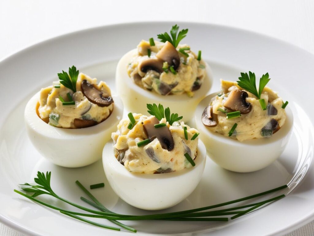 Zblizenie na jajka faszerowane – kremowe nadzienie z drobno posiekanymi pieczarkami i szczypiorkiem udekorowane swiezymi ziolami na bialym talerzu. 1 1 Jajka faszerowane pieczarkami i szczypiorkiem
