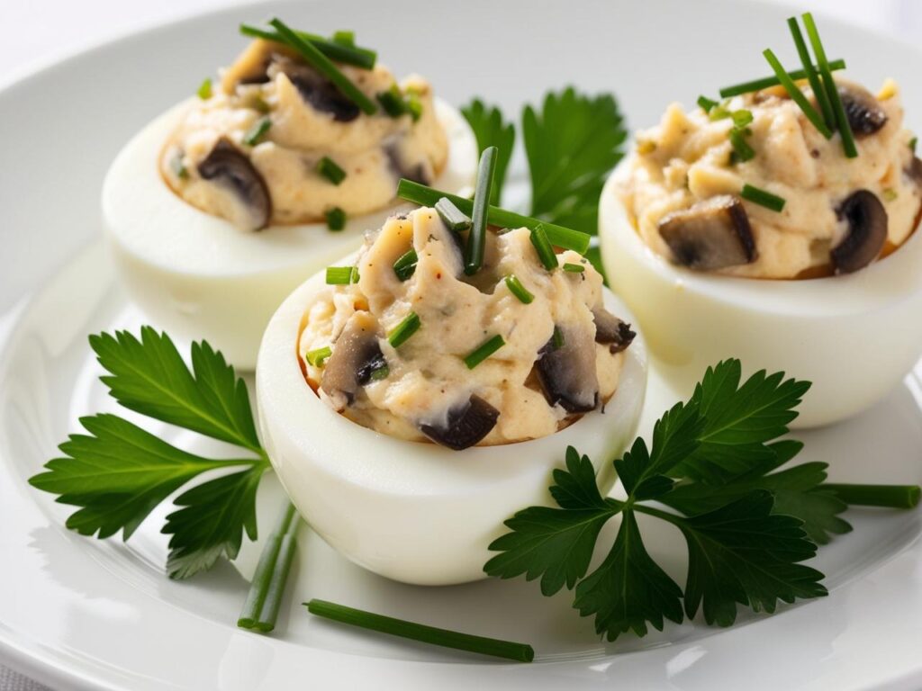 Zblizenie na jajka faszerowane – kremowe nadzienie z drobno posiekanymi pieczarkami i szczypiorkiem udekorowane swiezymi ziolami na bialym talerzu. 1 Jajka faszerowane pieczarkami i szczypiorkiem