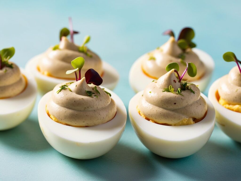 Zblizenie na jajka przekrojone na pol i faszerowane musem chrzanowym kremowa konsystencja nadzienia delikatne dekoracje pastelowe tlo Jajka faszerowane musem chrzanowym