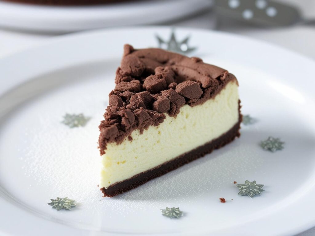 Zblizenie na kawalek sernika krolewskiego na bialym talerzu posypany cukrem pudrem.Widac warstwy kakaowego kruchego spodu masy serowej w srodku i kakaowej kruszonki na wierzchu Sernik królewski