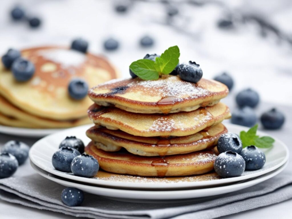 Zdjecie placuszkow jagodowych na talerzu z jagodami swieza mieta i cukrem pudrem w tle Placki z jagodami