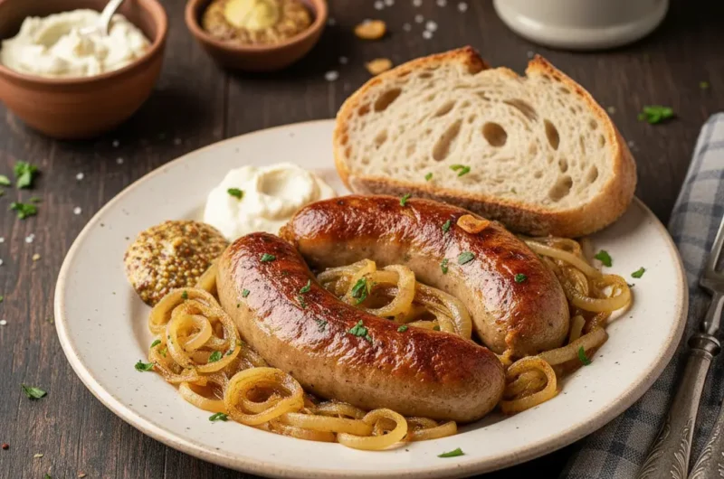 Biała Kiełbasa z Cebulą Pieczona w Piwie