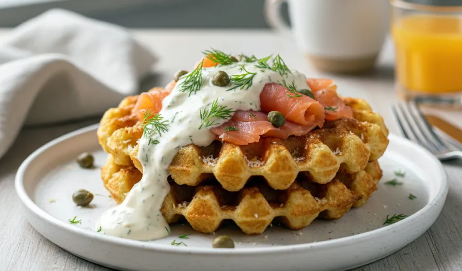 Gofry ziemniaczane przepis z łososiem i sosem chrzanowym