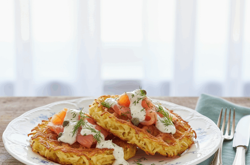 Gofry ziemniaczane z łososiem i sosem chrzanowym