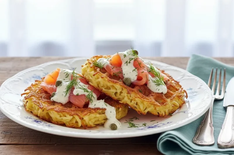 Gofry ziemniaczane z łososiem i sosem chrzanowym