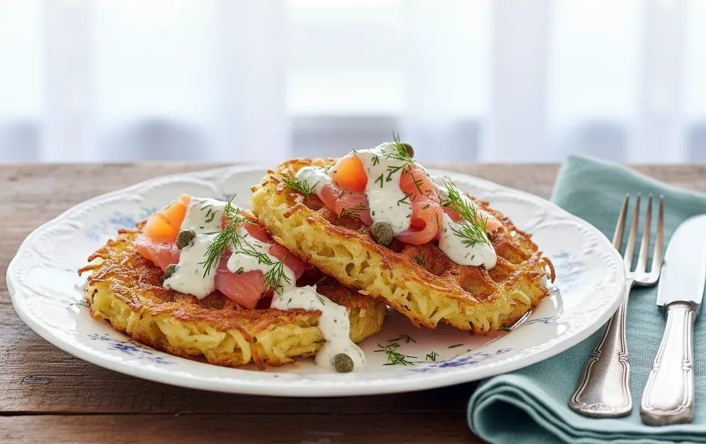 Gofry ziemniaczane przepis z łososiem i sosem chrzanowym