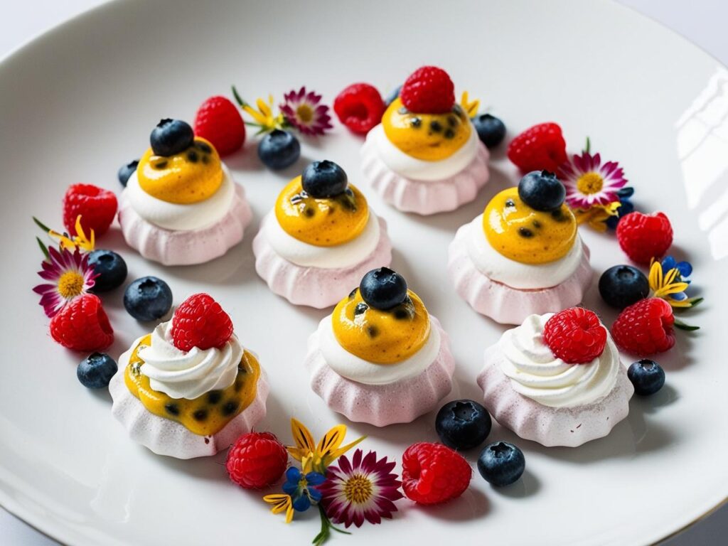 mini beza z musem z marakui i bita smietana ozdobiona malinami i borowkami na talerzu z porcelany otoczona kwiatami. Mini bezy pavlova