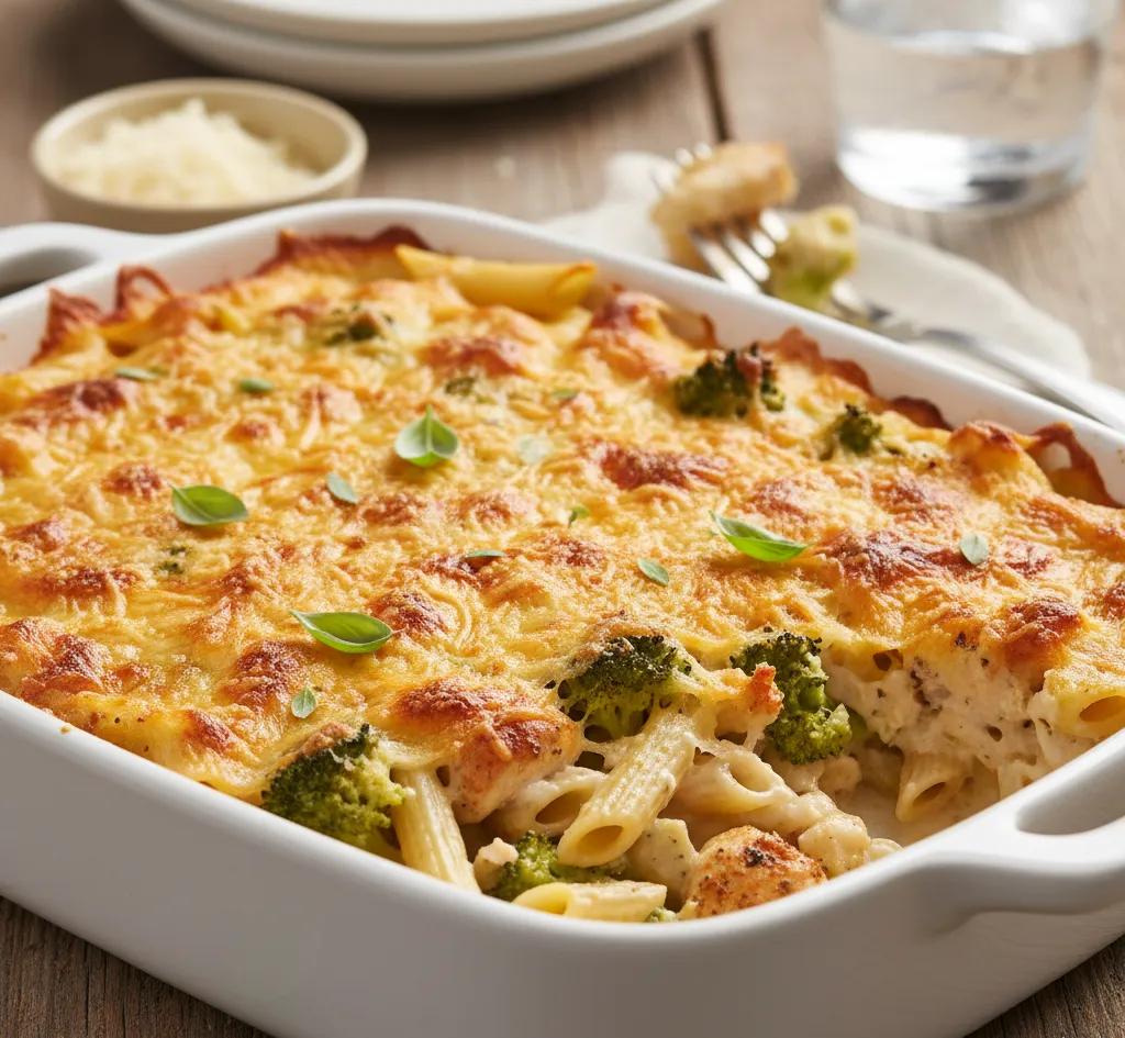 prosta zapiekanka makaronowa z brokulem i kurczakiem zapiekanka makaronowa z brokułem i kurczakiem