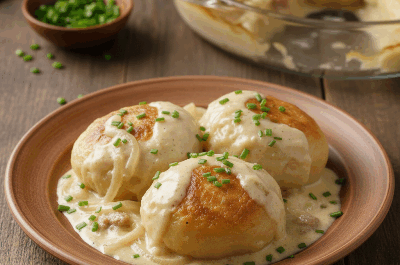 Zapiekane pyzy z mięsem z wieprzowiny i cebuli