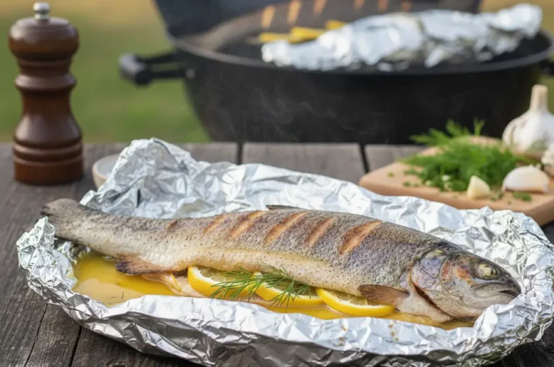 Grillowany pstrąg z masłem, cytryną i koperkiem