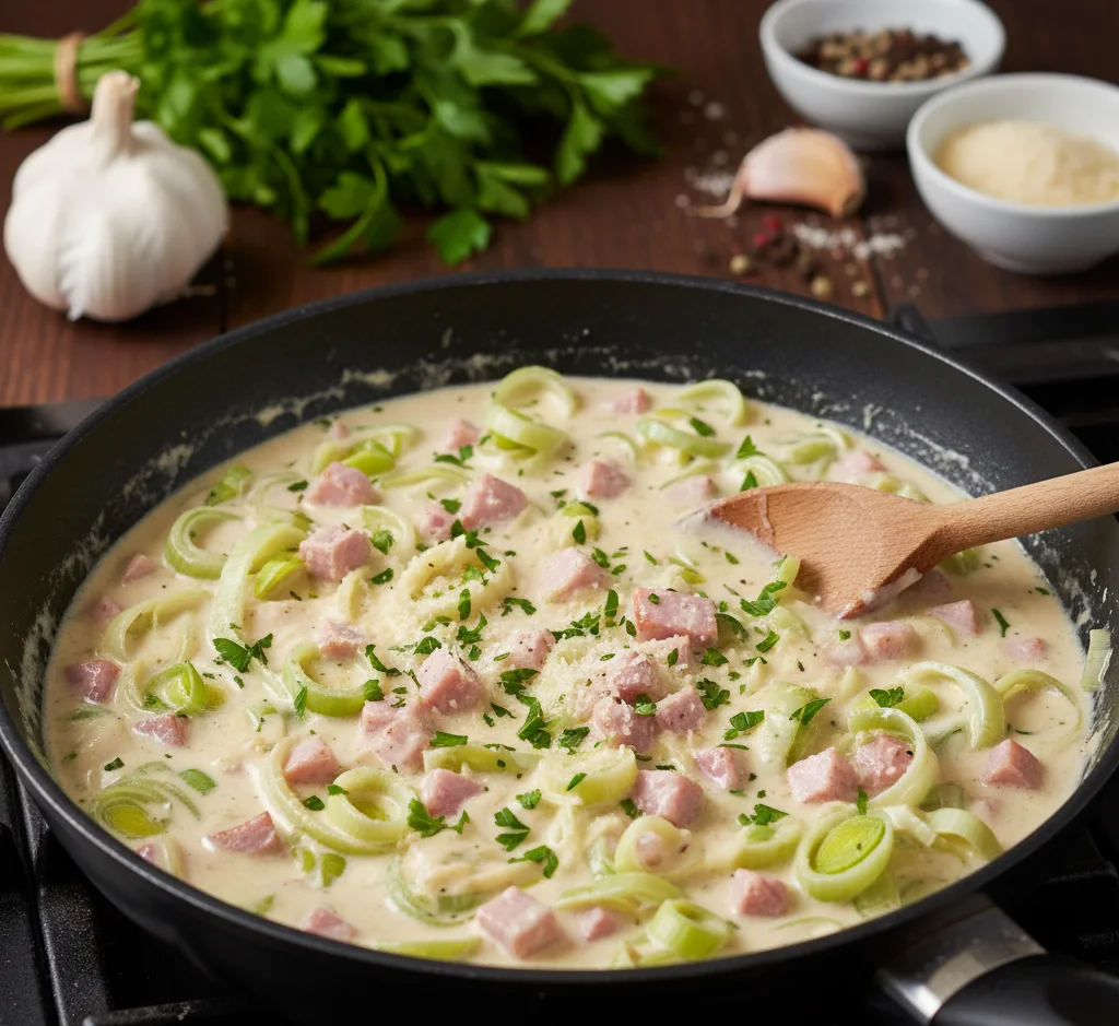 Makaron w sosie smietanowym z porem 2 Makaron w sosie śmietanowym z porem