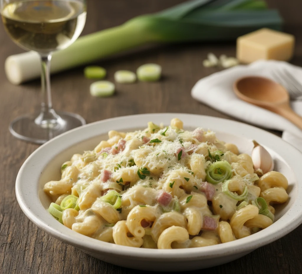 Makaron w sosie smietanowym z porem Makaron w sosie śmietanowym z porem