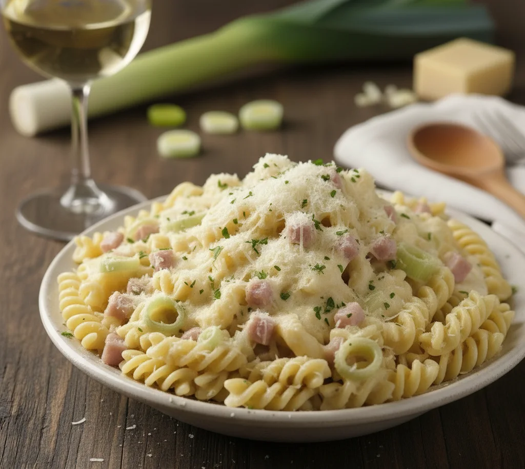 Makaron w sosie smietanowym z poremv Makaron w sosie śmietanowym z porem