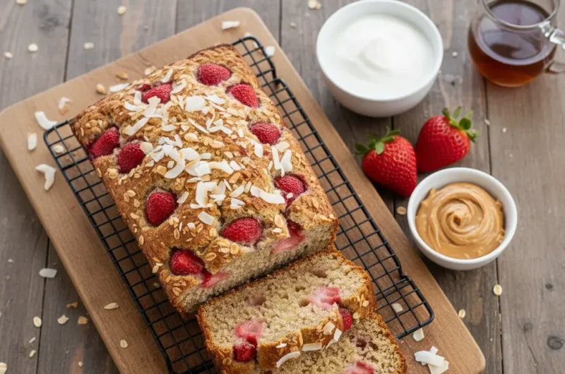 Ciasto owsiano-bananowe z truskawkami i kokosem