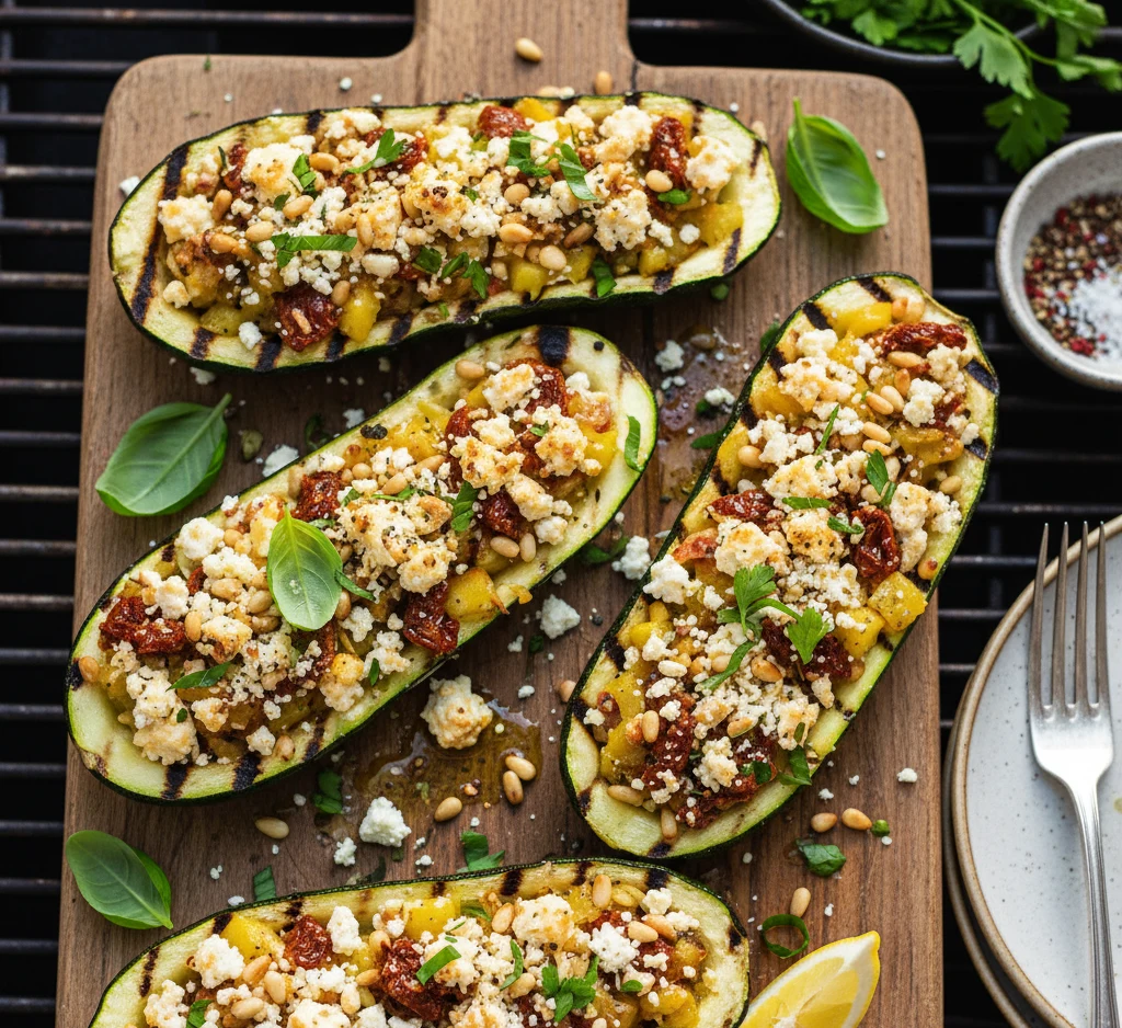 Grillowana cukinia faszerowana feta i pomidorami Grillowana cukinia faszerowana fetą i pomidorami