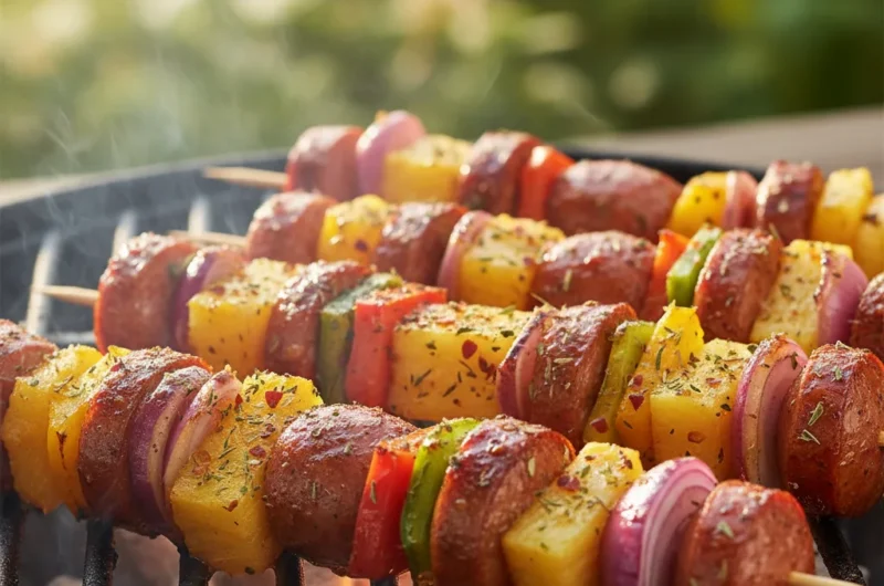 Szaszłyki z Kiełbasą, Ananasem i Czerwoną Cebulą