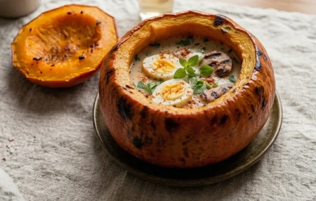 zurek podany w pieczonej dynii Żurek podawany w pieczonej dynii
