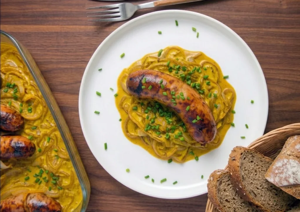 surowa biala kielbasa z piekarnika z cebula 1 Biała kiełbasa surowa pieczona w piekarniku z cebulą