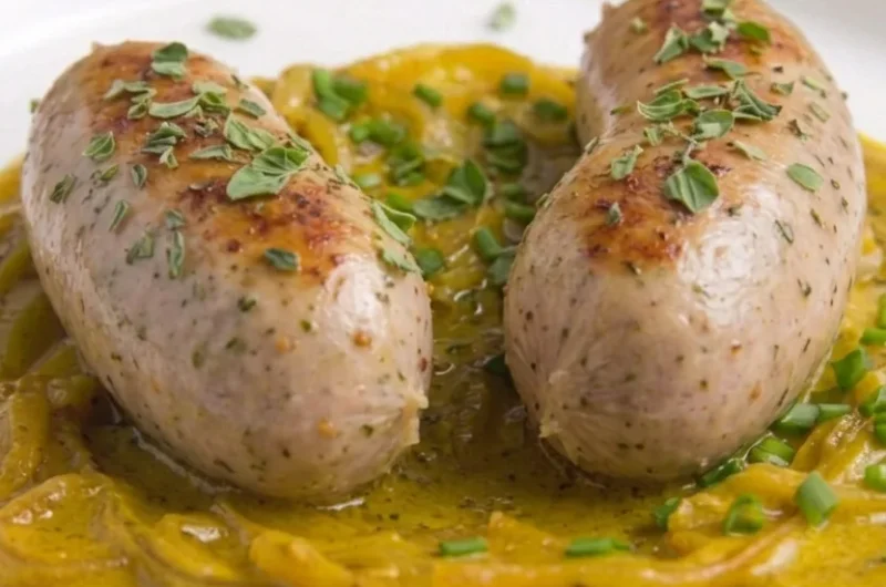 Biała kiełbasa surowa pieczona w piekarniku z cebulą