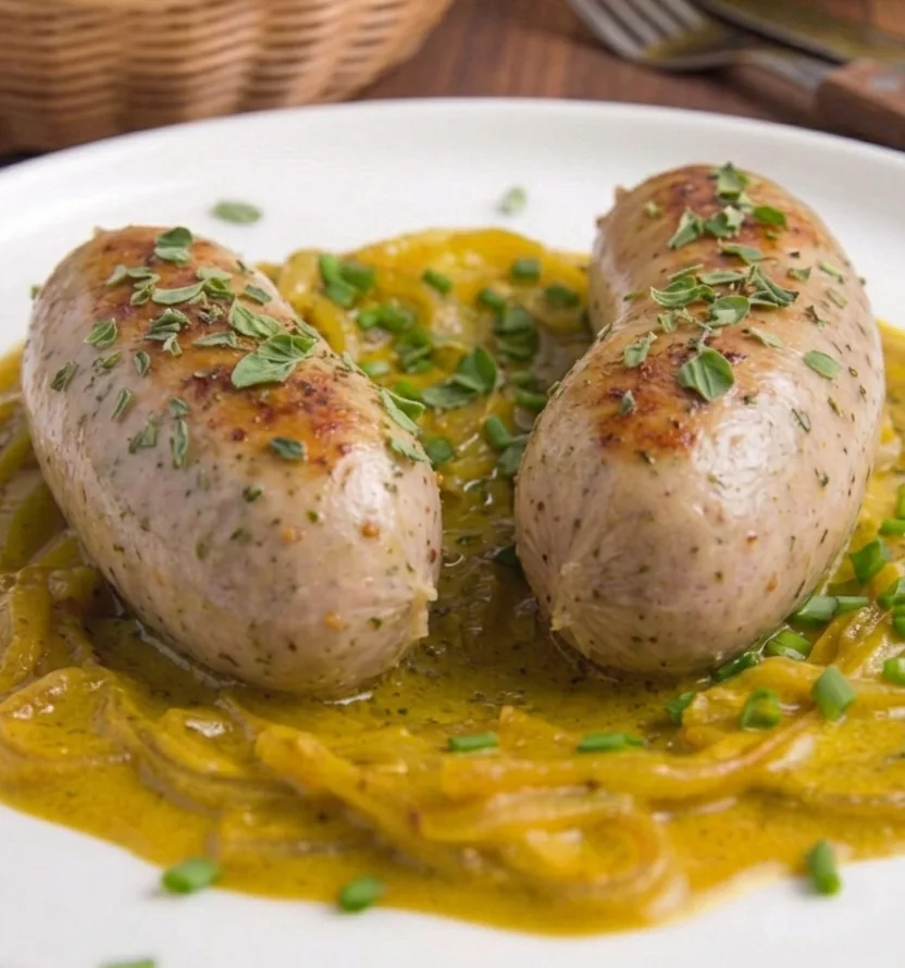 surowa biala kielbasa z piekarnika z cebula Biała kiełbasa surowa pieczona w piekarniku z cebulą