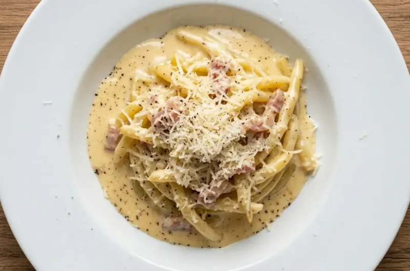 Fasolka szparagowa w sosie carbonara z boczkiem